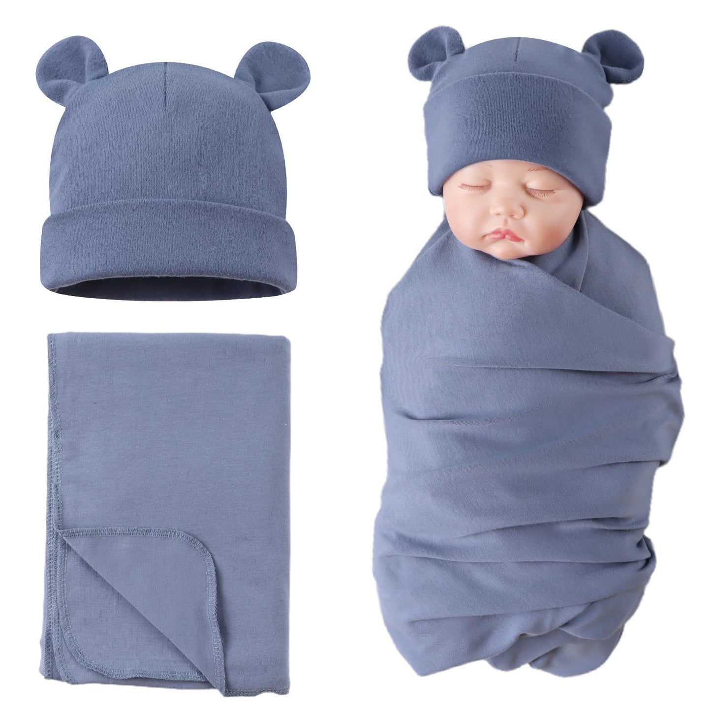 PESAAT Cotton Baby Swaddle Hat Set Newborn Infant Hats Receiving Blankets for Baby Boys Girls (0-6 Months, Haze Blue)