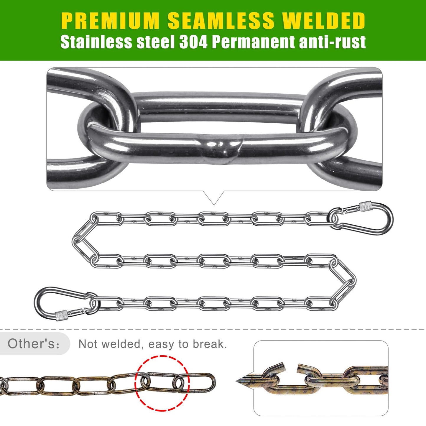 SELEWARE 2-Pack Heavy Duty Stainless Steel Punching Bag Chain, 1000LB Heavy Bag Hanging Chain with Carabiners, 20" Extension Chain for Boxing Bags, Hammocks, Swings, Yoga Trapeze & Hanging Chairs