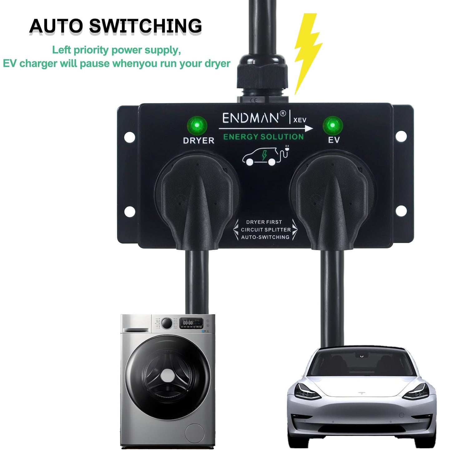 ENDMAN Automatic Power Switch for Dryer and EV Charger (NEMA 14-30P Only) - Intelligent Splitter Sharing 240V Outlet - Level 2 Home Charging Station for Renters - Compatible with Tesla & All EVs