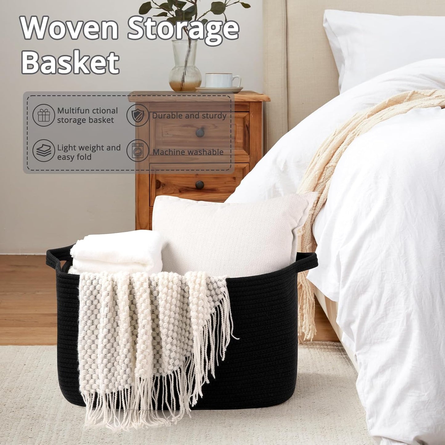 OIASKET Large Black Blanket Basket - Stylish Woven Storage for Toys, Towels & Laundry