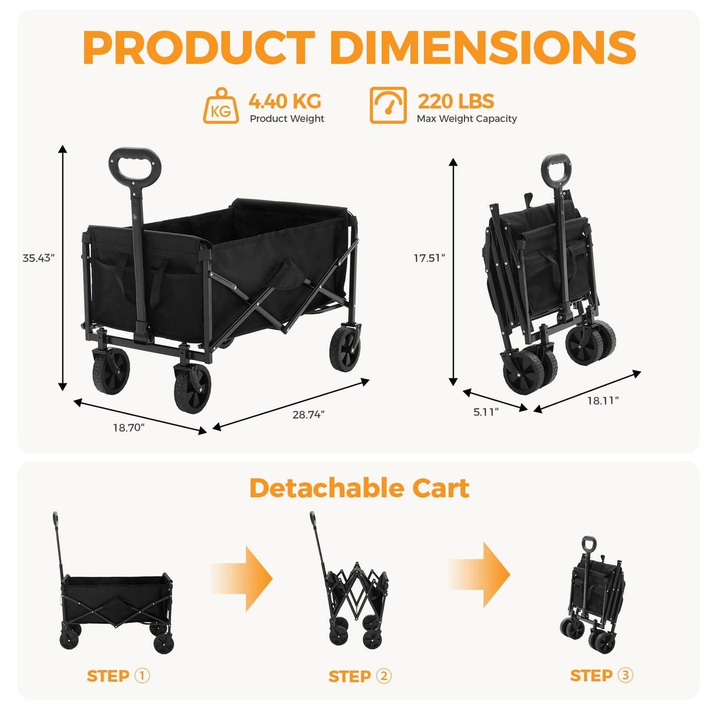 NEWBULIG Collapsible Wagon Cart, 67L Compact, Lightweight & Portable Heavy Duty Pull Cart with Wheels, 220 lbs Capacity, Adjustable Handle for Beach, Sports, Camping, Shopping & Garden, Black