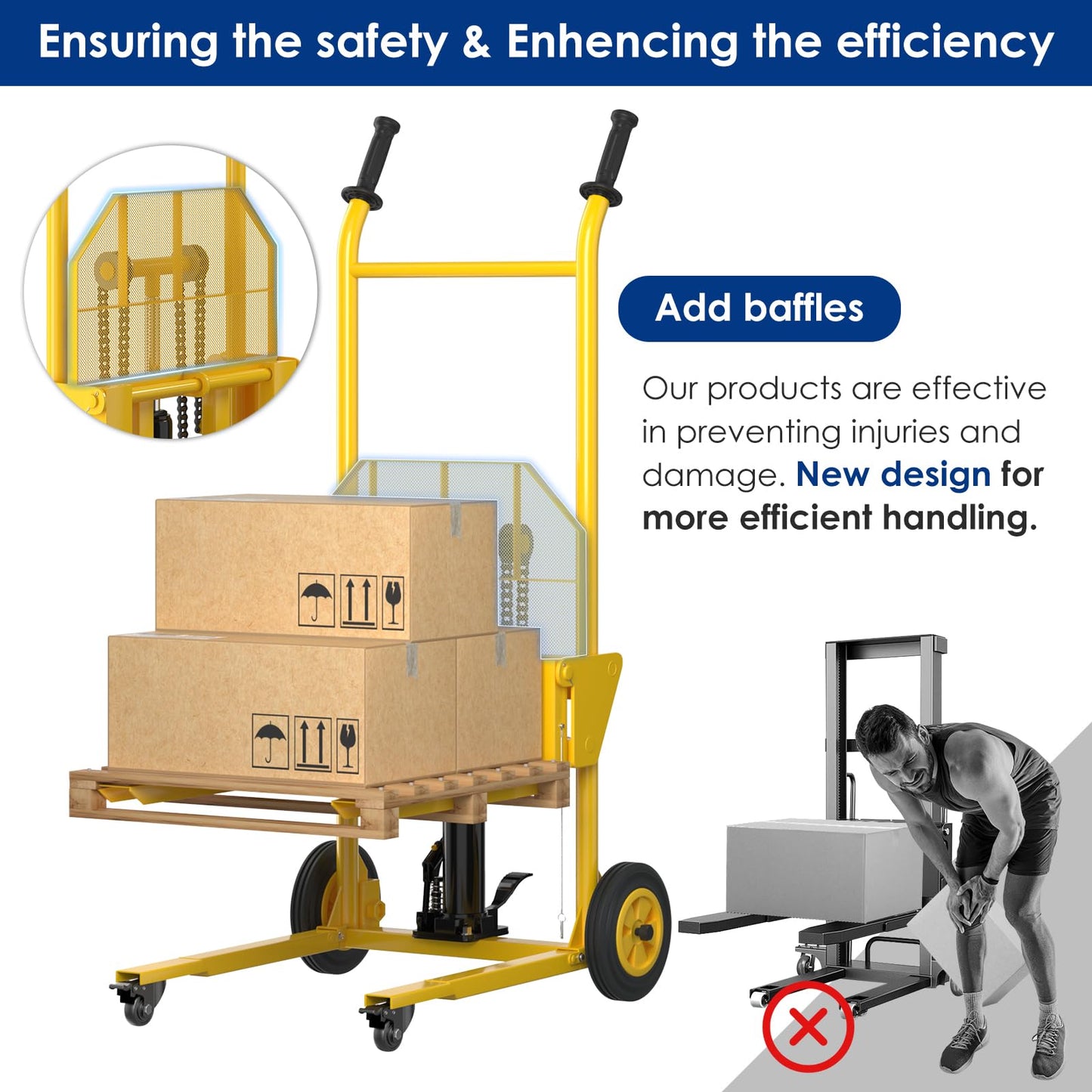 Hydraulic Material Lift,550lbs Lift Dolly,Upgraded Baffle Pallet Lift,37.4” Max Lift with Front Universal Wheels and 9" Polyurethane Wheels, 18.5" Fork Length, Hand Forklift, Steel Platform x 1
