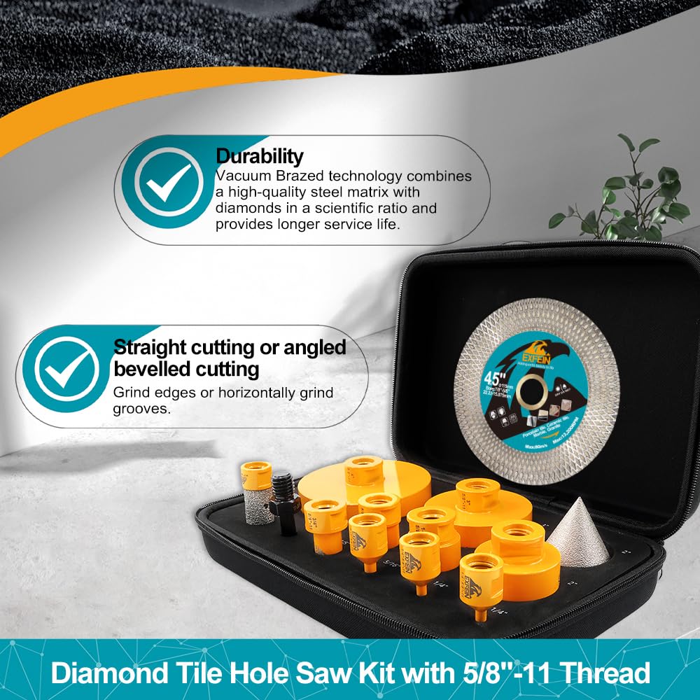 EXFEIN Diamond Tile Hole Saw Kit 13pcs - 6/6/8/19/25/35/50/75/102mm Core Drill Bits and EXFEIN Tile Drill Bits Kit 6mm 5pcs