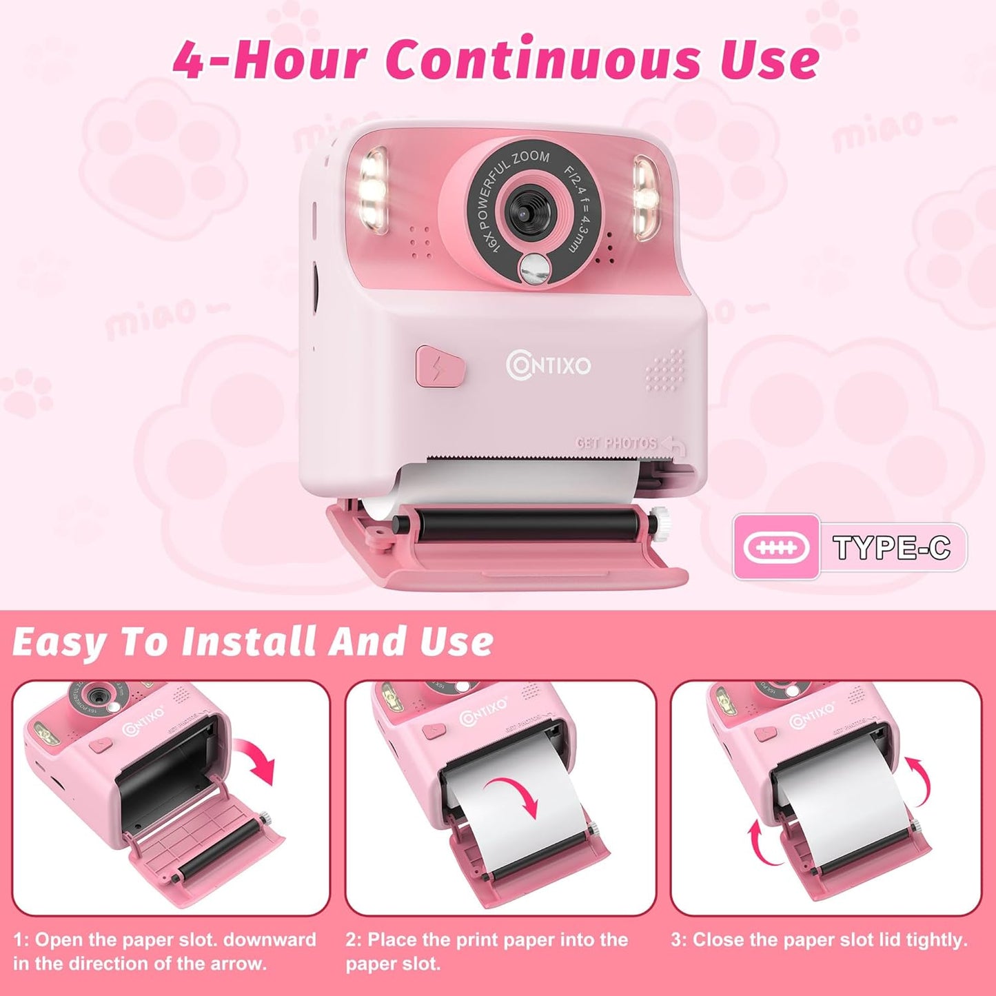 Contixo KC2A 2.4 12MP 1080P 3 MP3 412 Kids Instant Print Camera with Screen, Photo, Video, Print Rolls, Player, Type-C
