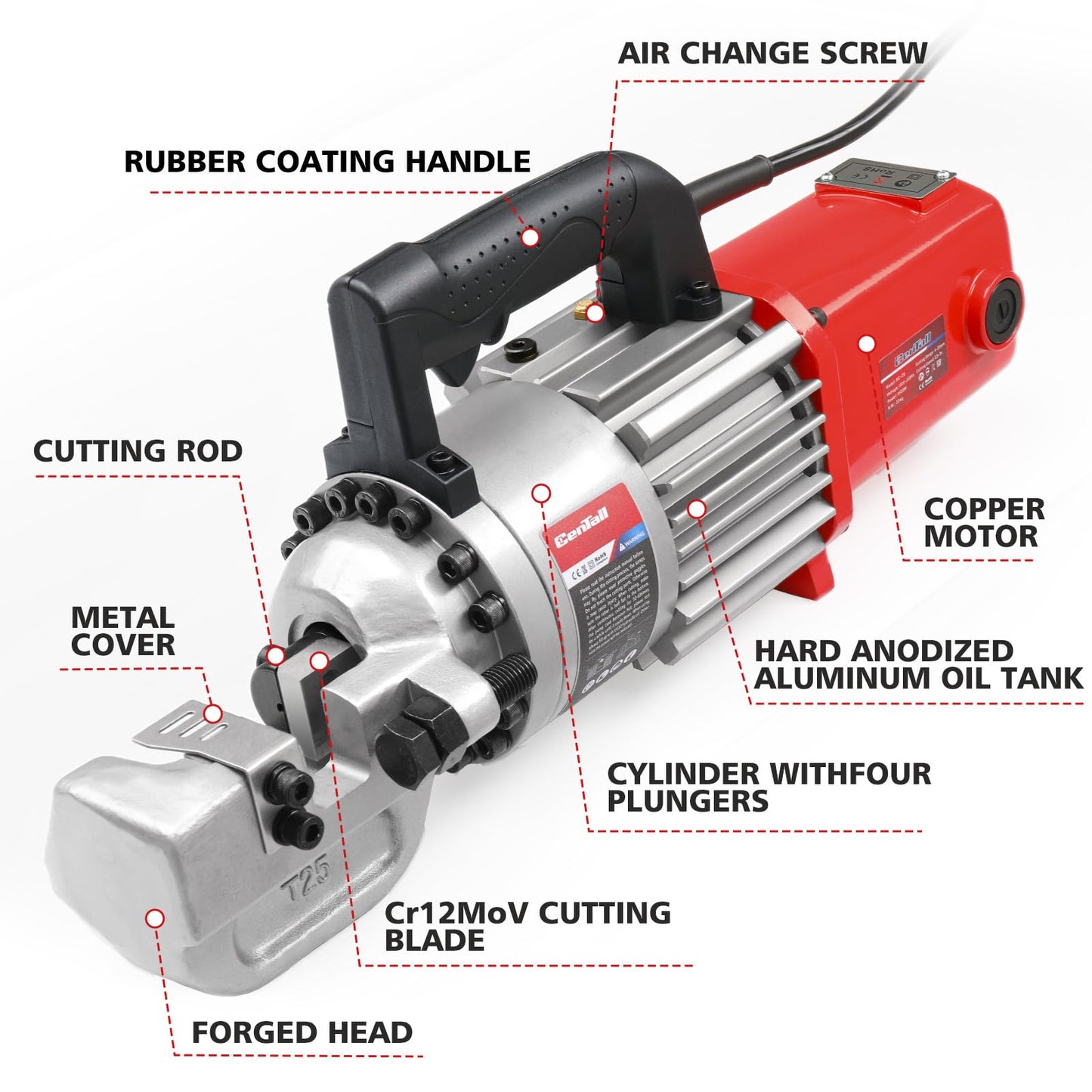 CENTALL 1" Electric Hydraulic Rebar Cutter 2-3S Cutting Speed Portable Rebar Cutter Cutting Rebar 4-25mm #8 120v/60hz (RC25)