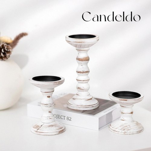 Candeldo Wood Candle Holders - Rustic Pillar Holder Set of 3 | Tall White Farmhouse Decor for Centerpieces