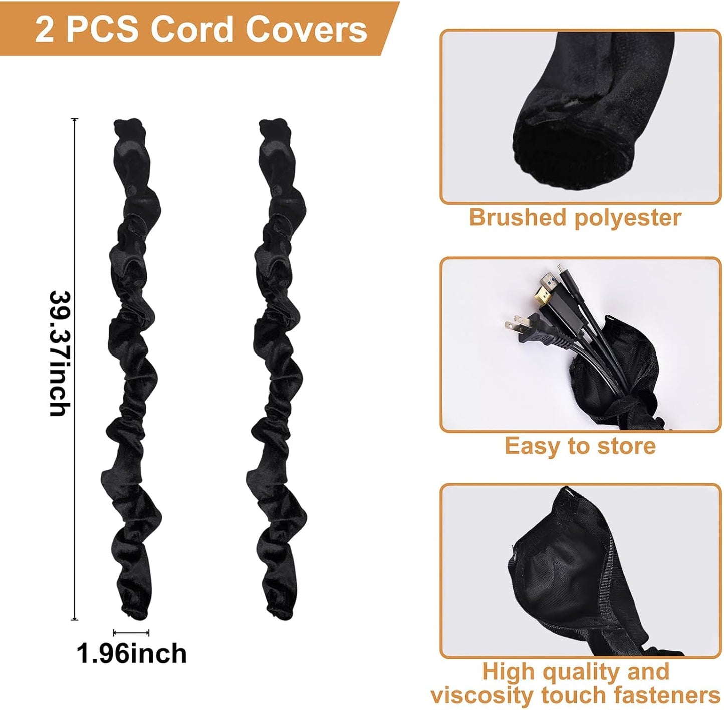 Antique House 2 Pack 3.28 Chandelier Chain Cover Touch Fasteners Black Feet Brushed Polyester Fabric Chain Sleeve