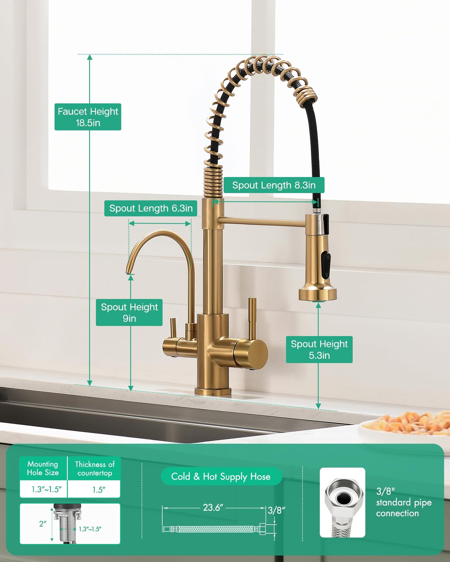 GIMILI 3 in 1 Kitchen Faucet with Pull Down Sprayer Brushed Gold Two Handle Kitchen Sink Faucet with Under Sink Water Filter System Reduces PFAS, PFOA/PFOS, Lead, Chlorine, Bad Taste & Odor