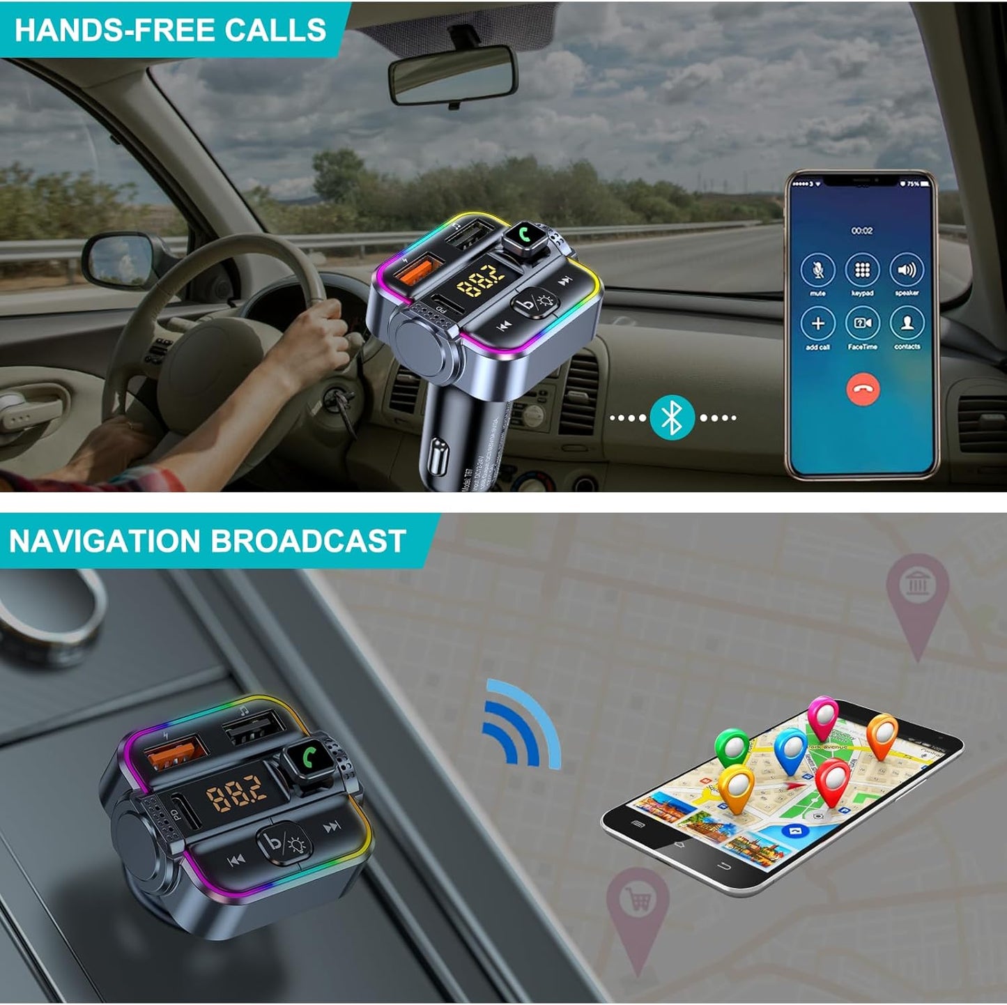 skybess PD30W QC3.0 5.3 FM Transmitter for Car Bluetooth, Upgraded USB C & USB Charger Bluetooth Radio Adapter