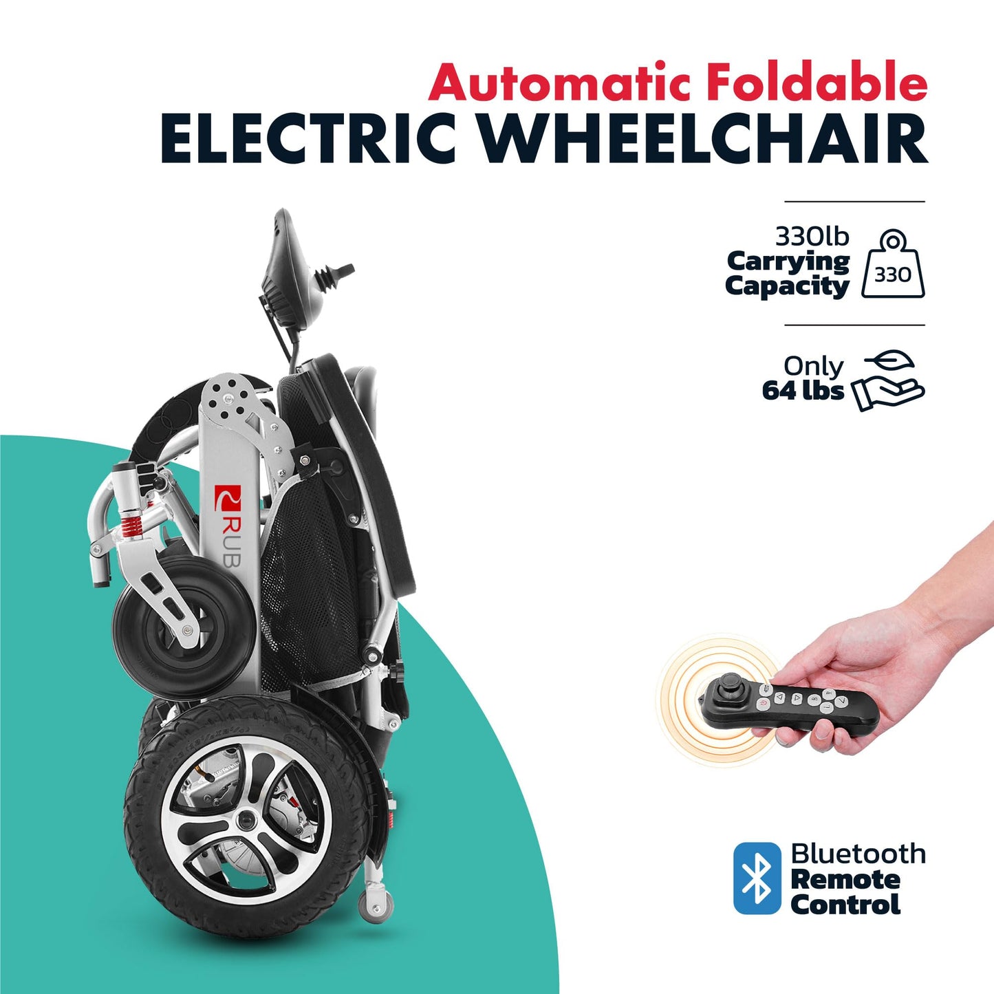 Rubicon DX17 Automatic Foldable Electric Wheelchairs for Adults - Deluxe One Click Fold and Unfold - Super Horse Power (600W Motor Power) - Longest Range (up to 25miles with 2x12AH Dual Battery)