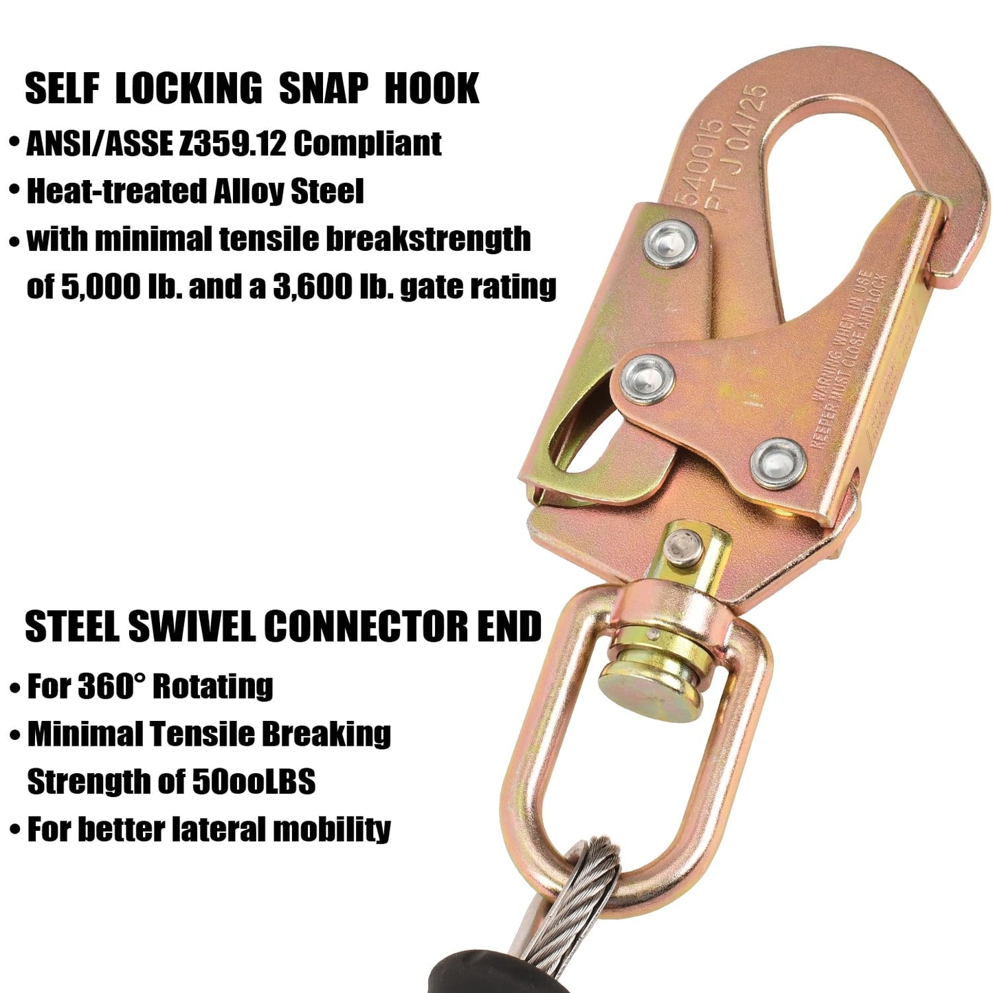 WELKFORDER Single Leg Self-Retracting Lifeline [Steel Cable] Internal Shock Absorber System Class 1 Retractable Lanyard with Quick-Action Brake ANSI&OSHA Compliant (15FT)