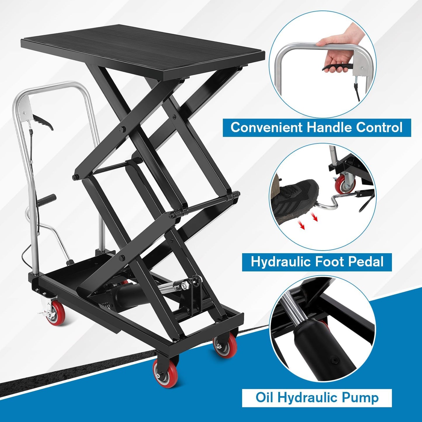Hydraulic Lift Table Cart, 770lbs Capacity 50" Lifting Height Hydraulic Table Cart, Double Scissor Lift with Non-Slip Pad for Material Handling and Transportation, Black