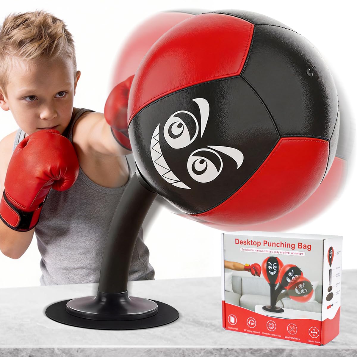 Desktop Punching Bag with Suction Cup Base - Heavy Duty Stress Relief Ball for Office & Home | Funny Desk Accessories, White Elephant Gag Gifts for Coworkers, Kids & Friends
