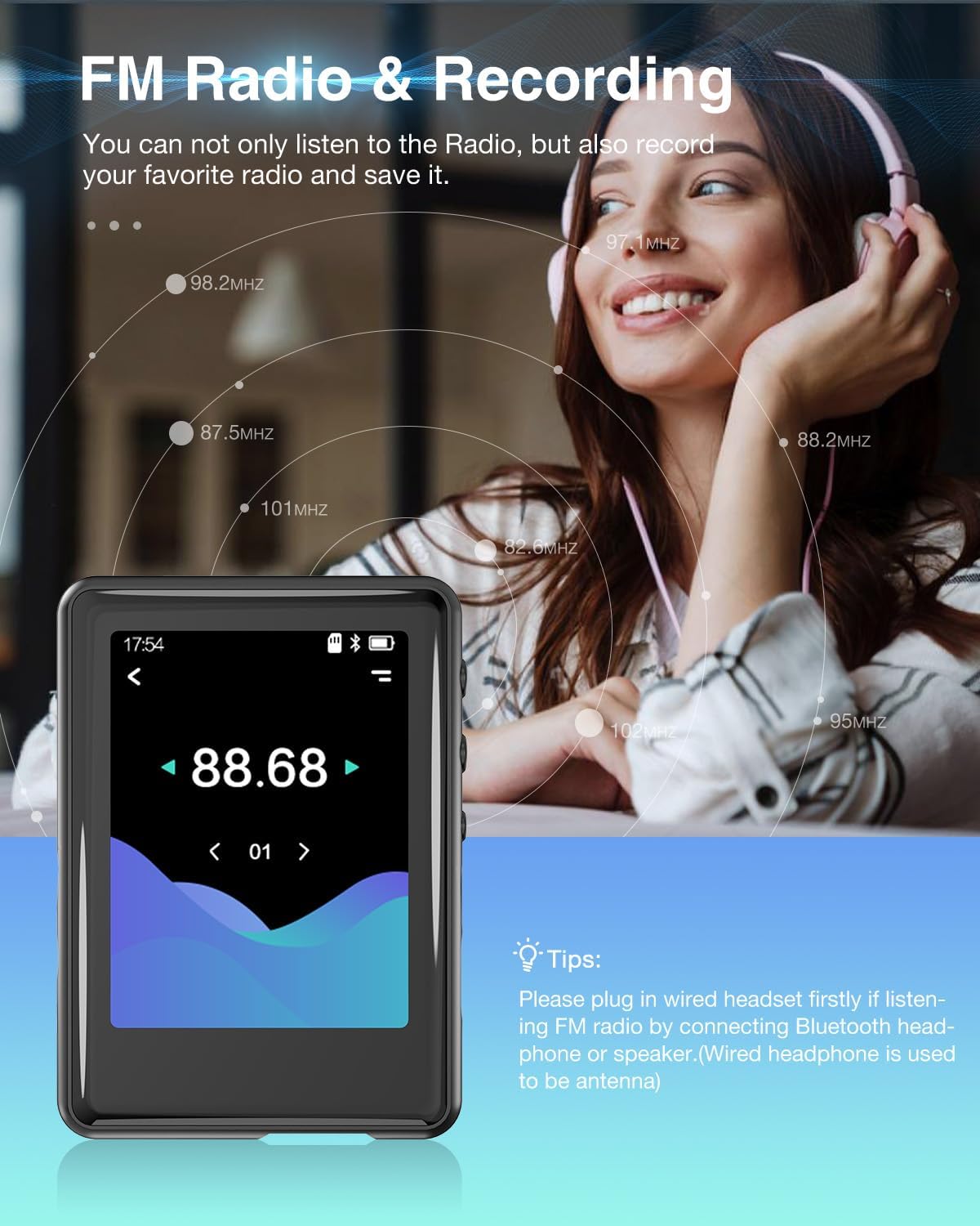 tokemisc 64GB MP3 5.3, Mp3 512GB Player with Bluetooth Full Touch Screen Music Player Built-in Speaker,FM Radio,Voice
