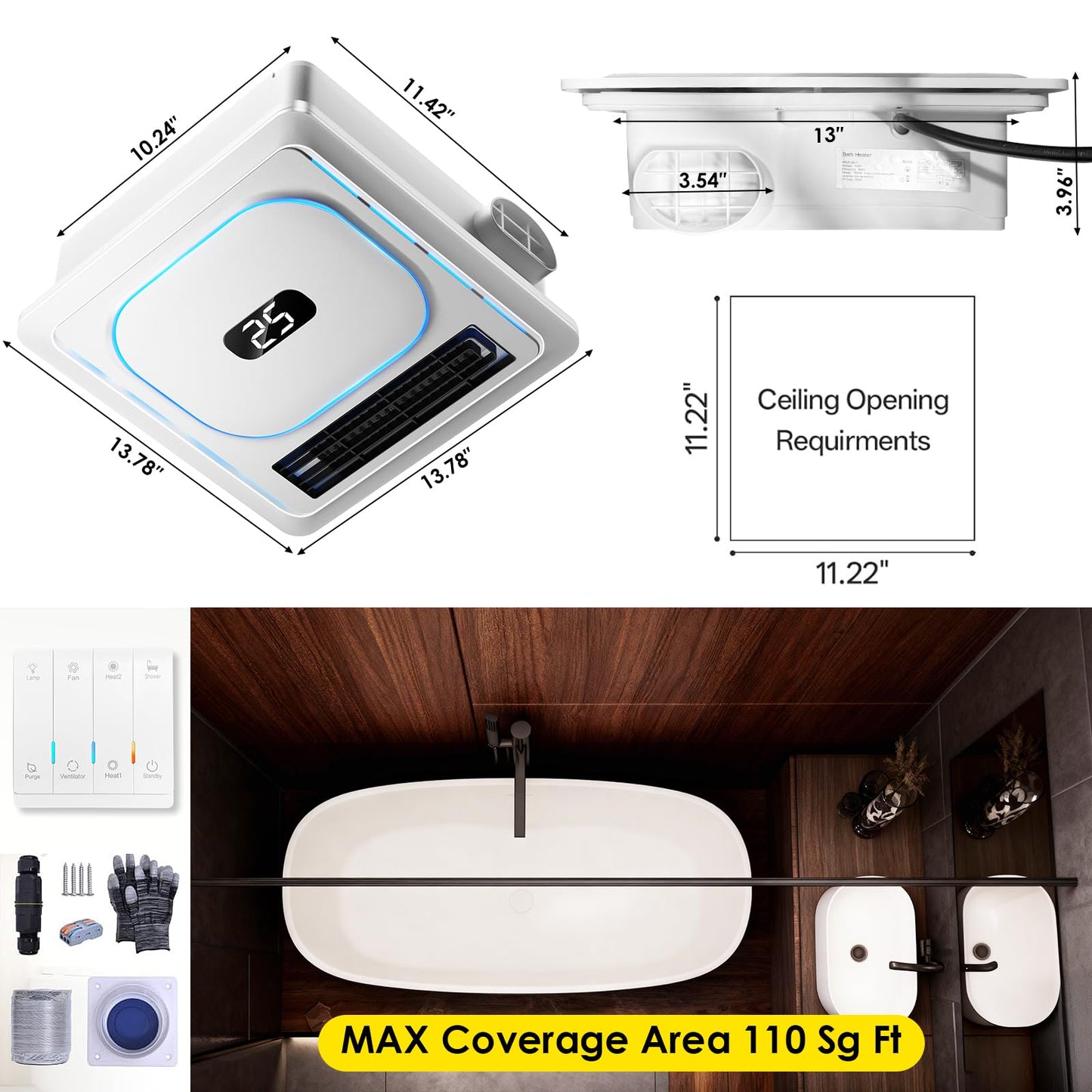 BSEED Bathroom Exhaust Fan with Bluetooth Speaker & Heater, 1800W Dual-Heat, 230 CFM, 3CCT+5-Color RGB Light, Negative Ion, Wall Control