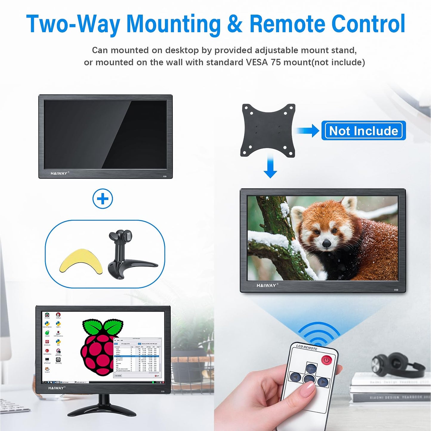 Haiway 13.3 inch Security Monitor, 1366x768 LED Monitor Small HDMI Monitors with Remote Control Built-in Speakers, Mini Monitors HDMI VGA AV BNC USB Input for CCTV Raspberry Pi PC Fire Stick Gaming