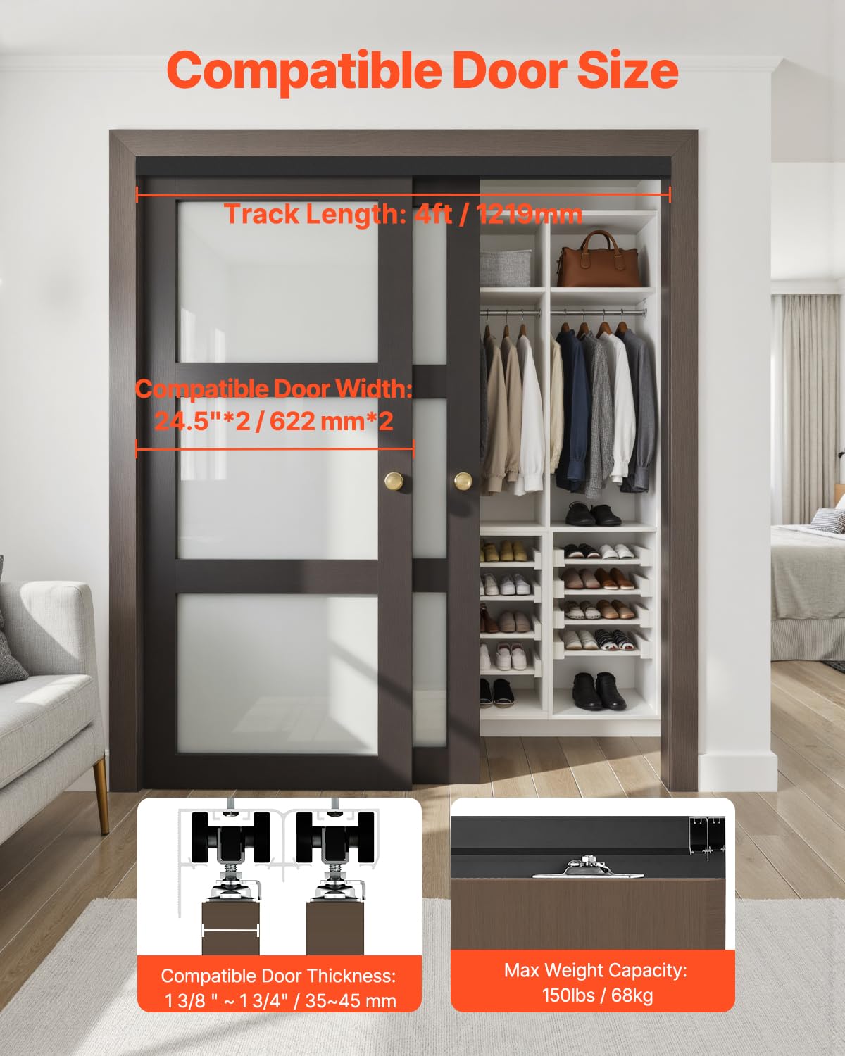 VEVOR Bypass Door Hardware, 4ft Heavy Duty Bypass Sliding Door Hardware Kit, Aluminum Alloy Sliding Closet Door Hardware Set with Finger Pulls, for 2 Door System, Fit Door Thickness 1 3/8" - 1 3/4"