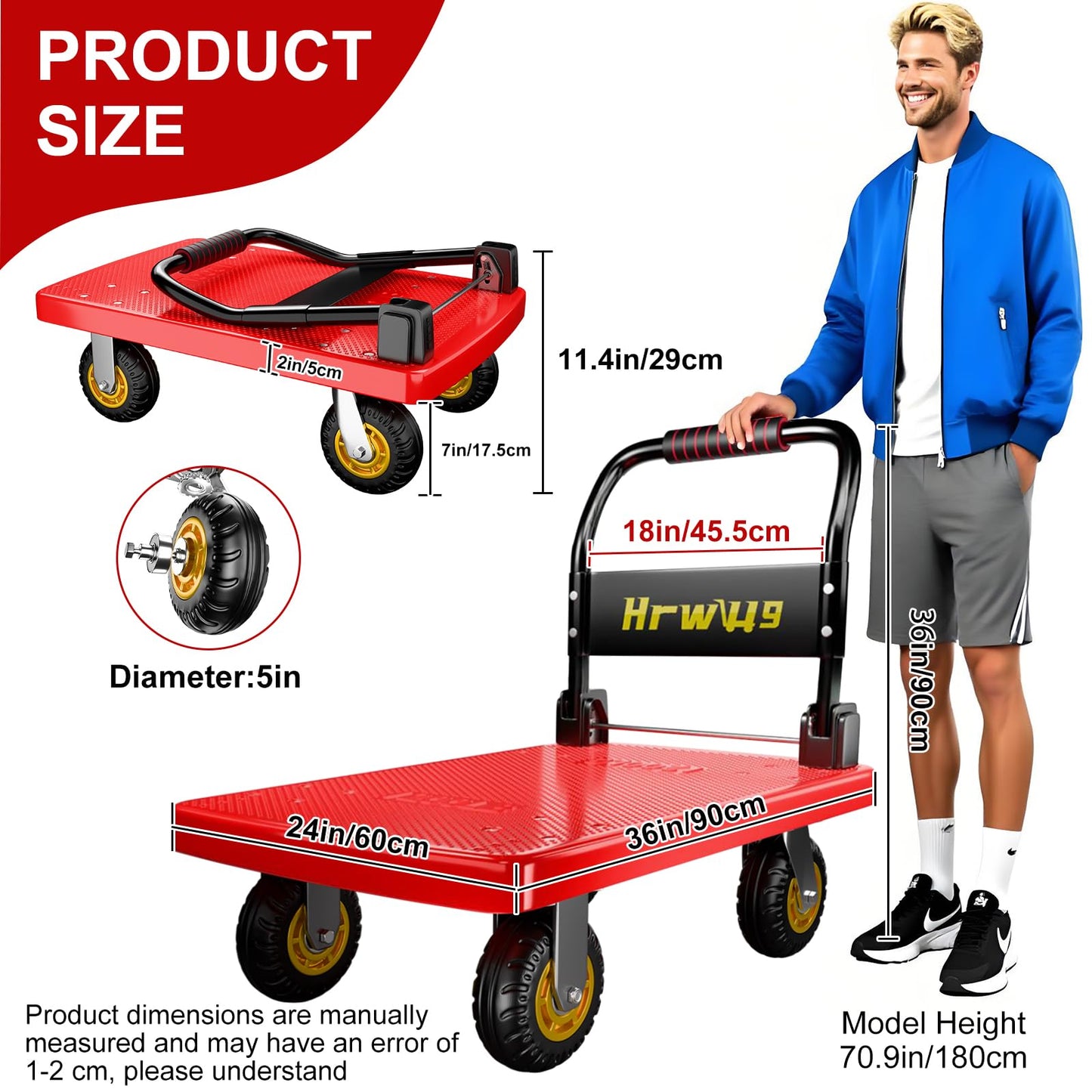 Hand Cart Dolly, Push Cart with 360 Swivel 5'' Wheels, 1200LBS Capacity, Dolly Cart with Wheels Warehouse Cart for Groceries, Garage, Warehouse - Red