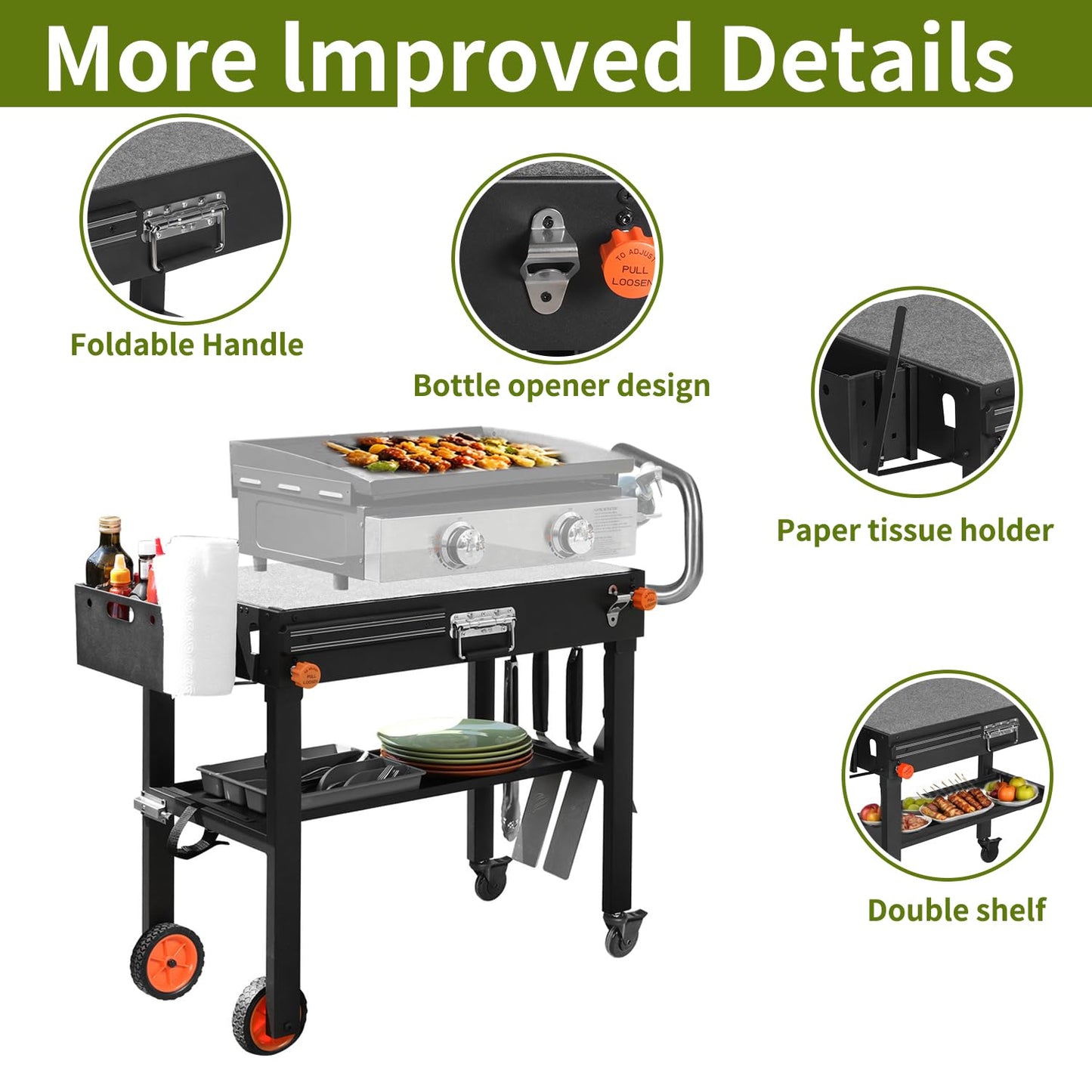 LKVHV Portable Outdoor Grill Table, Blackstone Grill Stand Solid and Sturdy 31"W x 17"D, Movable Kitchen Cooking Prep BBQ Cart with Wheels, Folding Cart for Ninja, Blackstone Griddle 17"/22" etc