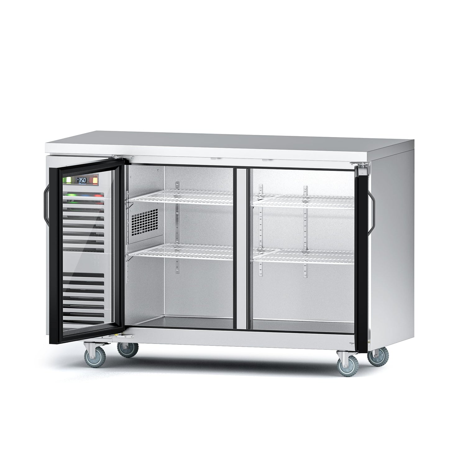 Coolake 19.4 Cu.Ft. Commercial Back Bar Cooler, 60” Stainless Steel Top Counter Height Back Beverage Refrigerator, 33-41℉, 2 Glass Doors Beverage Cooler for Beer Ales Soda