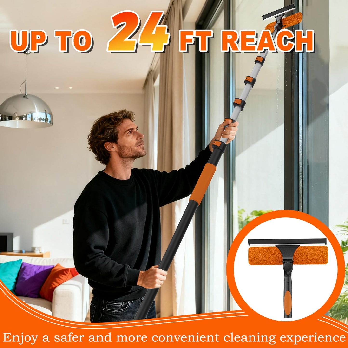 SISUPASSIE 30FT Reach 2-in-1 Window Squeegee, Professional Window Washing Kit with 5-24FT Extension Pole for Home, Indoor Outdoor Squeegee with Rotatable Head for High Windows