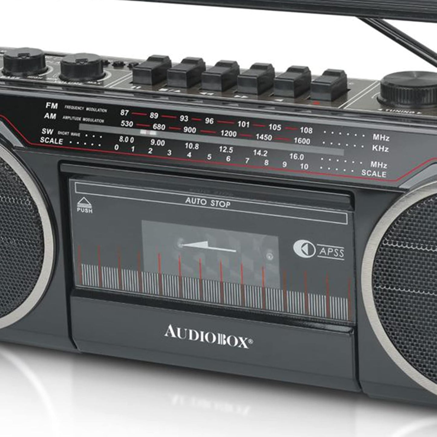 Audiobox 2 MP3 Cassette 3.5mm Retrobox Bluetooth Boombox Speaker - Way Boombox System with AM/FM/SW Radio, Playback
