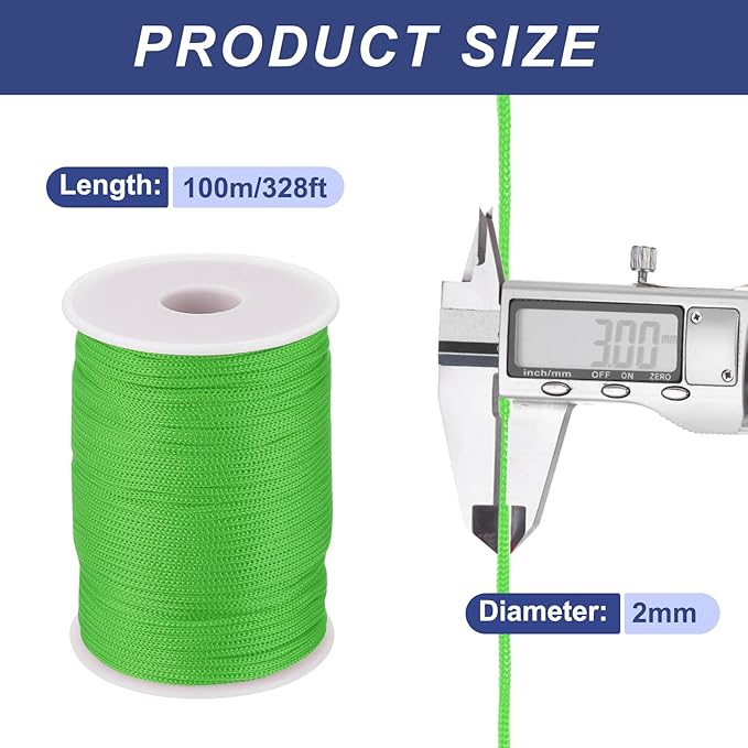 MECCANIXITY 1/12 Inch Polypropylene Rope Braided Ropes, 328ft Nylon Rope Hollow Utility Cord for Clothesline, Camping, Hiking, Outdoor, Light Green