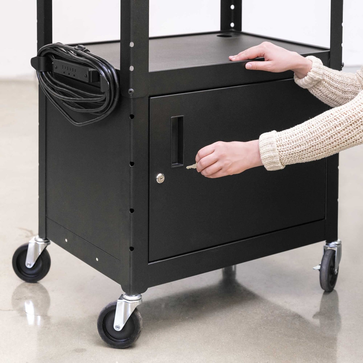 Line Leader AV Cart w/Locking Cabinet, Black Metal Utility Cart with Storage Shelf - Height Adjustable, Mobile and Great for Offices, Classrooms, Libraries (Black, 24in x 18in)