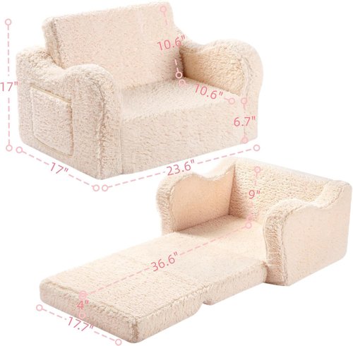 MOMCAYWEX Kids Sofa - 2-in-1 Flip-Out Foam Couch with Soft Sherpa Cover | Cozy Cream Lounge Chair
