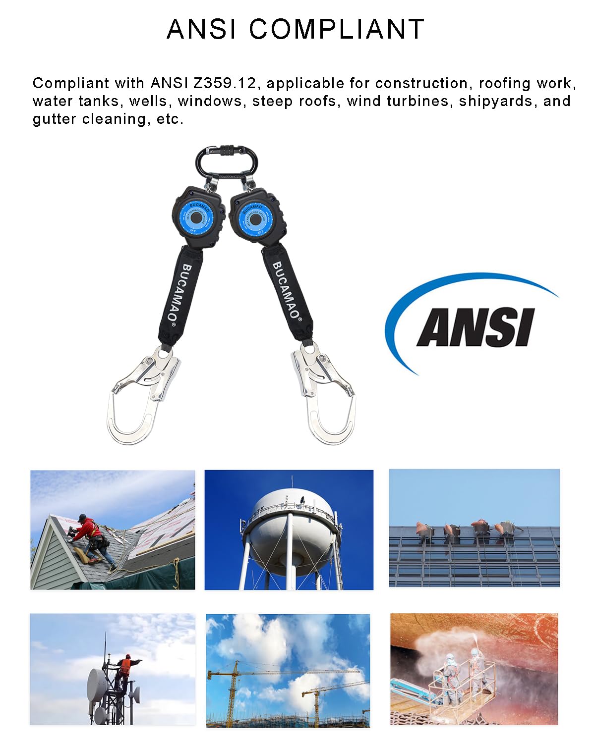 BUCAMAO Swivel Top Self-Retracting Lifeline, Twin-Leg 6FT Web SRL, Retractable Safety Lanyard, Fall Protection PPE Gear, ANSI OSHA Compliant (Rebar Hook)