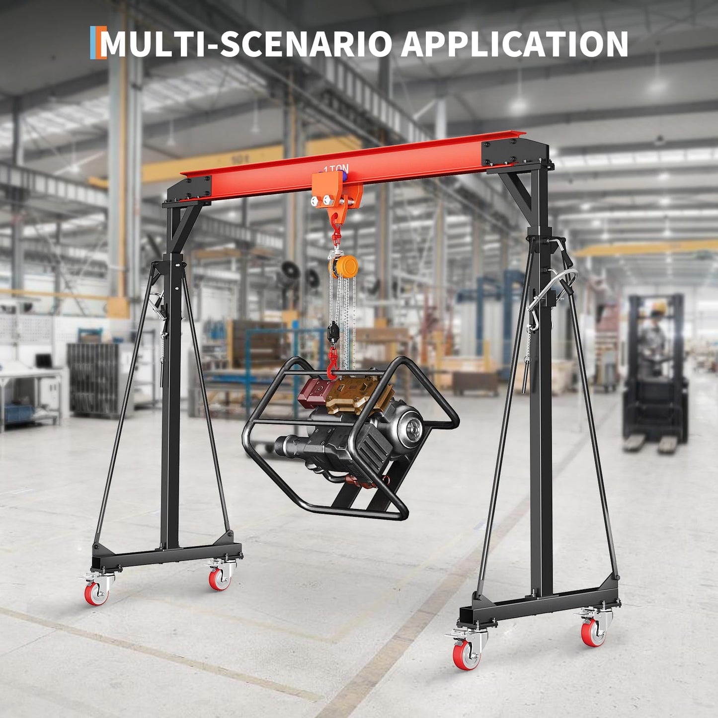 1 Ton Gantry Crane, 2200 LBS Adjustable Gantry Crane with 8-12 ft Height, Shop Lift Hoist with Manual Trolley, Hook & Shackles for Warehouse, Factory