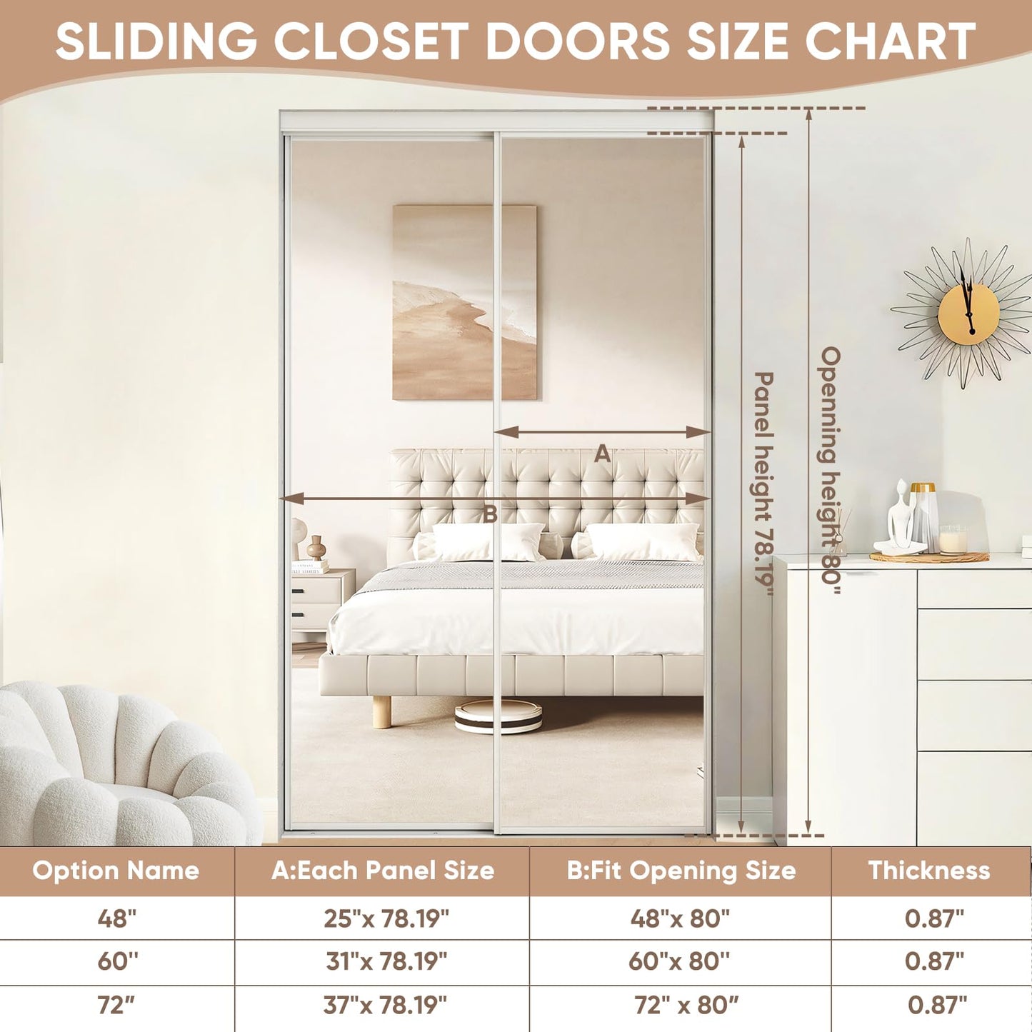 BARNSMITH 60 x 80 Inches Mirrored Closet Door, One Side Mirror with Top & Bottom Track Kits, 2-Panels Steel Frame Sliding Mirror Closet Door, Easy to Install