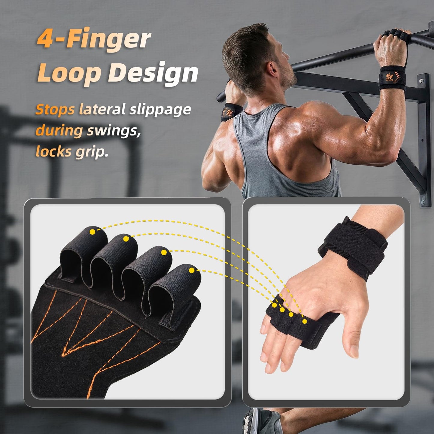 Sylong Gymnastics Hand Grips for Cross Training, Pull ups, Weight Lifting, Gymnastics; Effectively Plam Protection; offering a larger coverage area than standard grips，for Men and Women (Black-S)