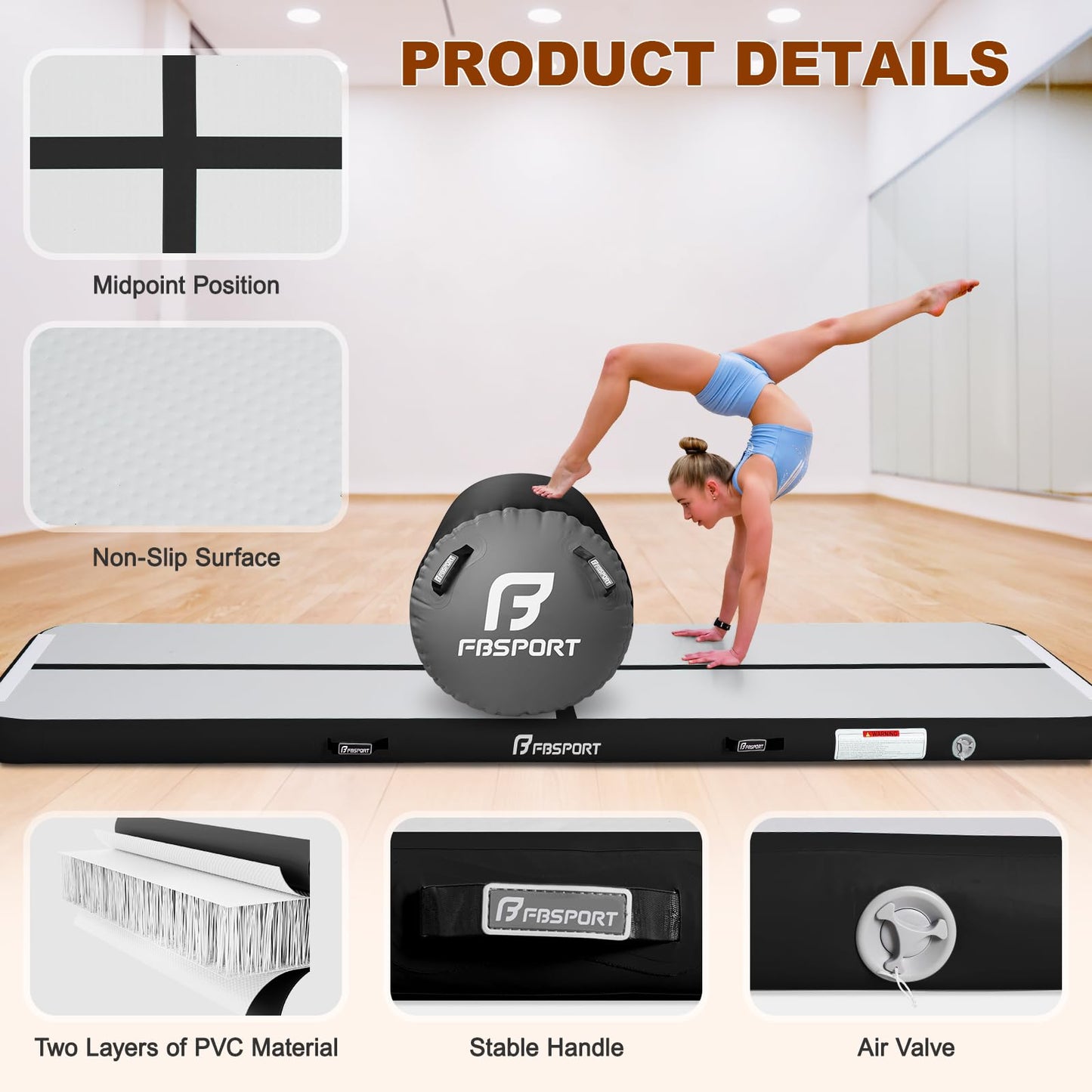 FBSPORT Inflatable Air Gymnastics Mat 4 inches Thickness and Air Roller 40x23.6 inches with Electric Air Pump 10ft Training Mats for Home Use Cheerleading Outdoor Training Park Yoga Beach Water (Black)