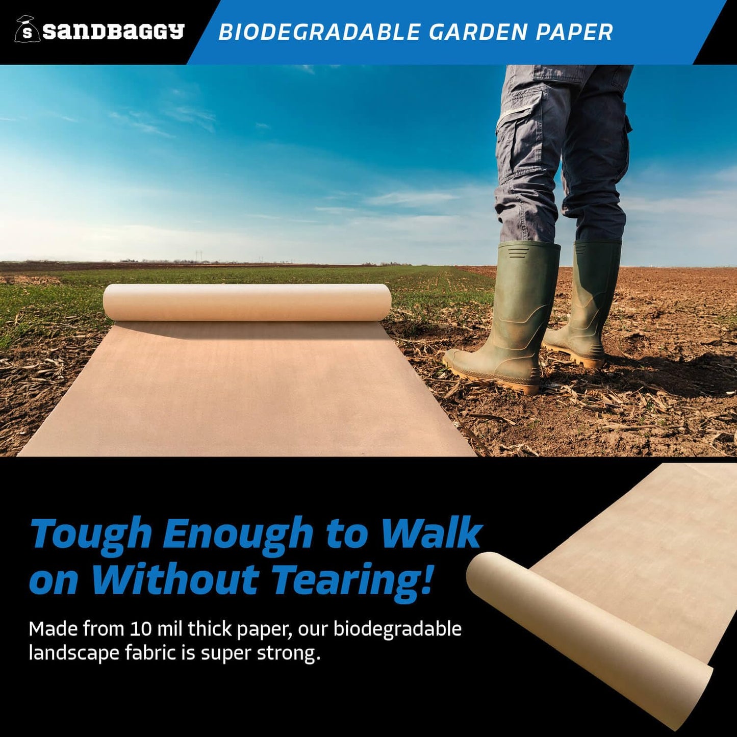 Sandbaggy Biodegradable Landscape Fabric - Garden Paper for Weeds - Paper Mulch Rolls - Made in America (3 ft x 475 ft, 1)