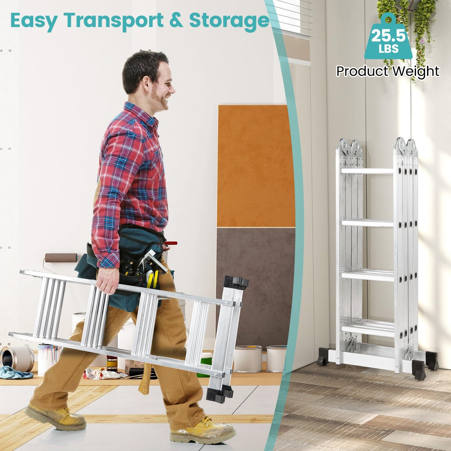 Toolsempire 7-in-1 Folding Ladder, Multi-Purpose 15 FT Aluminum Alloy Ladder with Non-Slip Feet, Safety Locking & Heavy Duty Frame, Indoor & Outdoor Lightweight Extension Ladder, 330 LBS Capacity