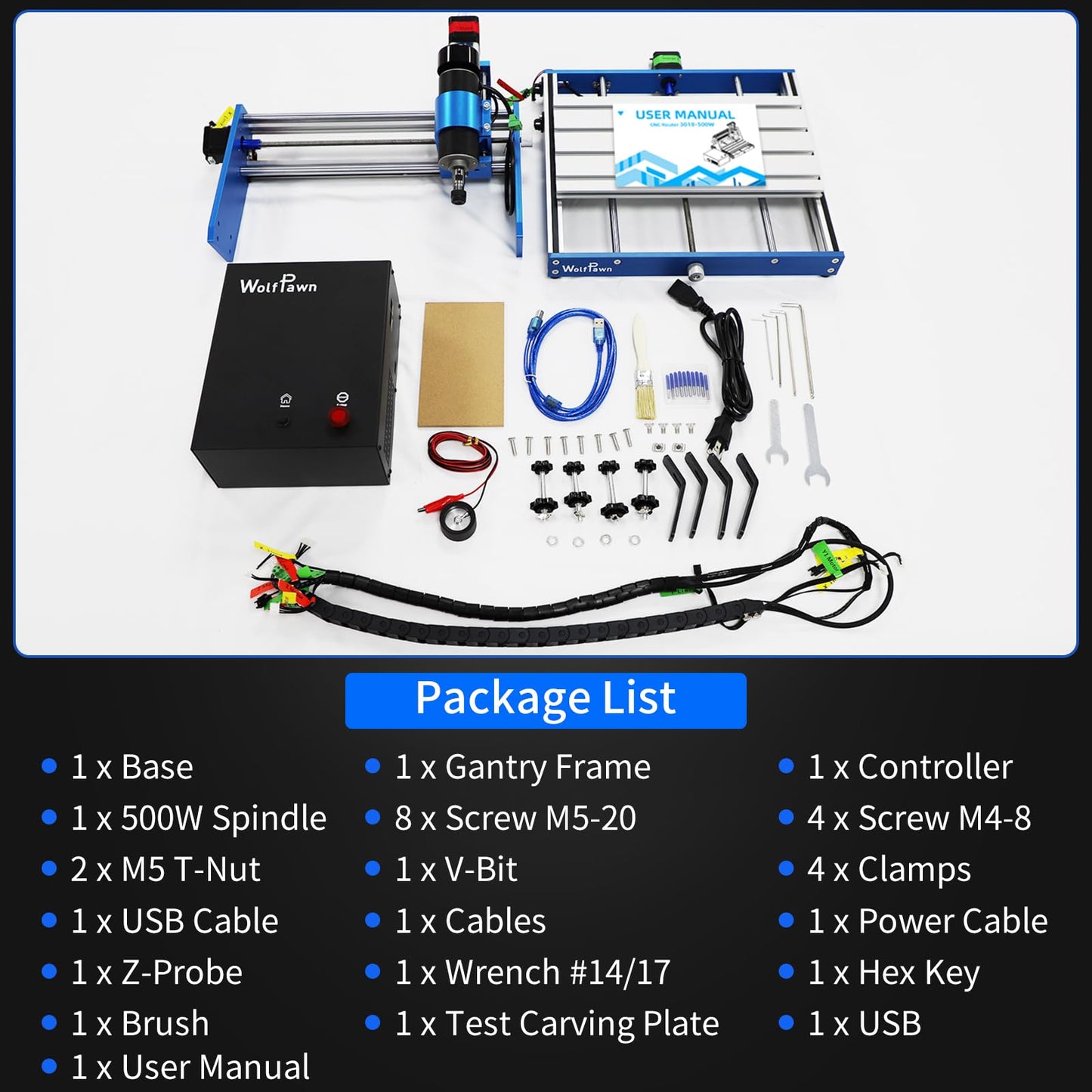 WolfPawn 3018 500W CNC Router Machine All Metal Structure 3 Aixs CNC Engraving Machine with Emergency Stop Button and Limit Switches for Wood Acrylic MDF Nylon Carving, Working Area 300X180X60mm