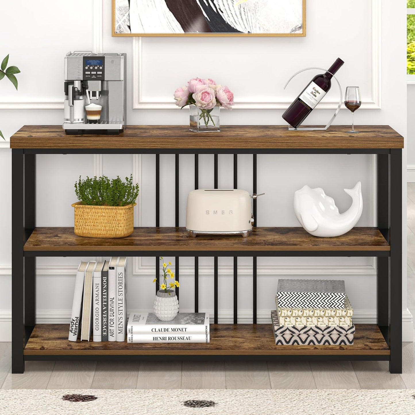 FOLUBAN Industrial Console Table, 3 Tier Entryway Sofa Foyer Table for Living Room Hallway Behind Couch, Rustic Brown