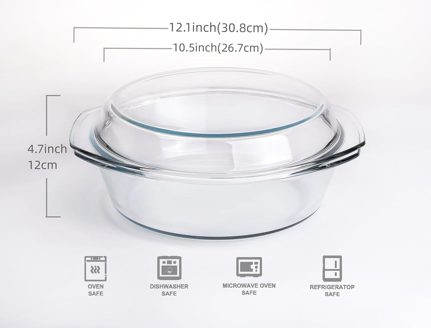 Skiennix Round Tempered Glass Casserole Dish - 3QT Oven, Freezer & Dishwasher Safe with Lid