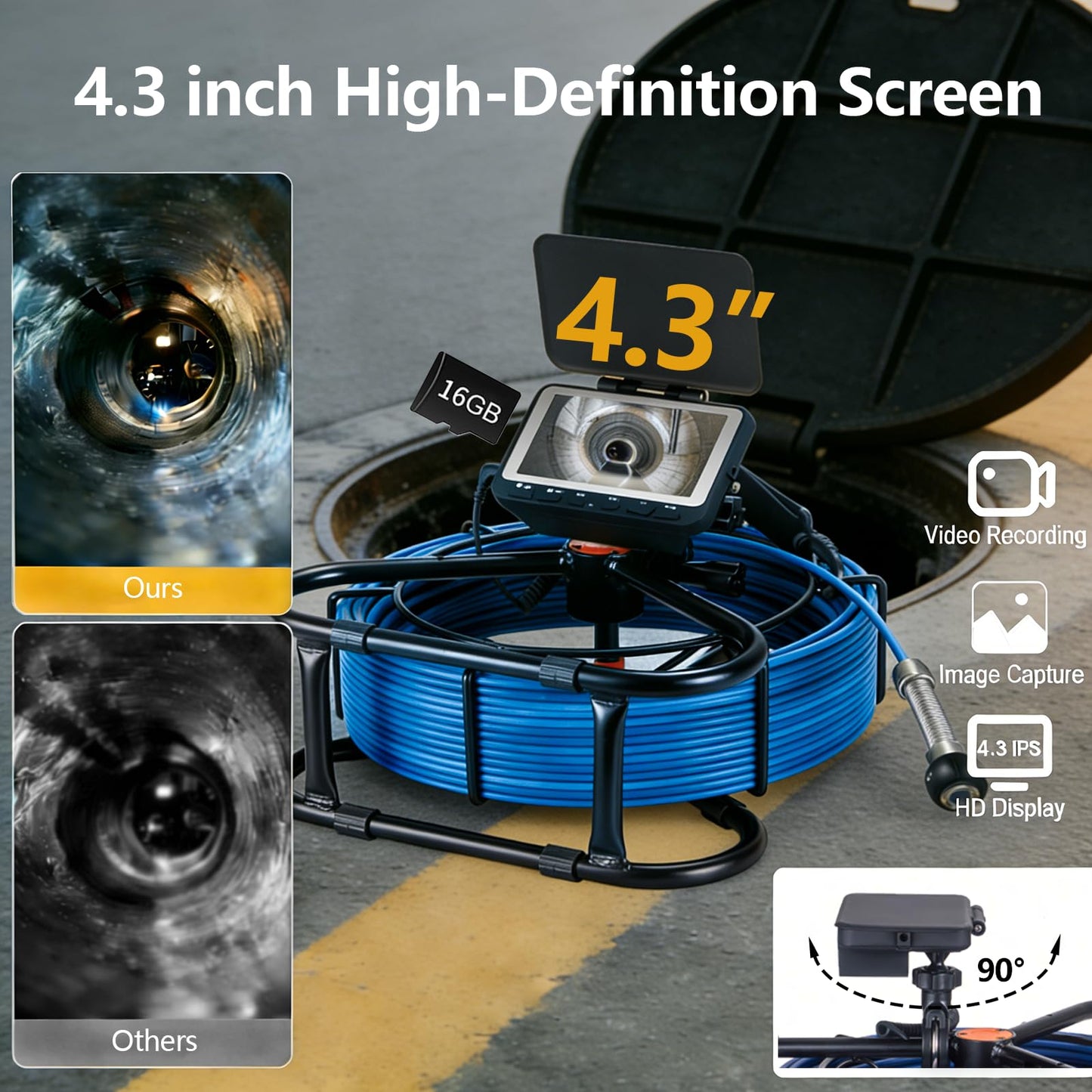 Sewer Camera 33FT,4.3" HD Screen 1080P DVR/16GB,17mm Endoscope Borescope Camera with 6 LED Light,5000mAh Battery,Supports Photo & Video Drain Pipe Camera for Plumbers (33FT/10M)