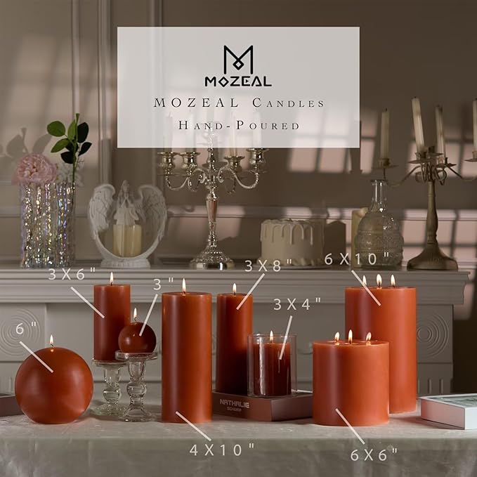 MOZEAL 4" x 10" Extra-Large Burnt Orange Pillar Candles (Set of 2), Unscented, Dripless, Smokeless, Long Clean-Burning, Tall 10 inch Large Burnt Orange Pillar Candles for Fall and Thanksgiving Decor