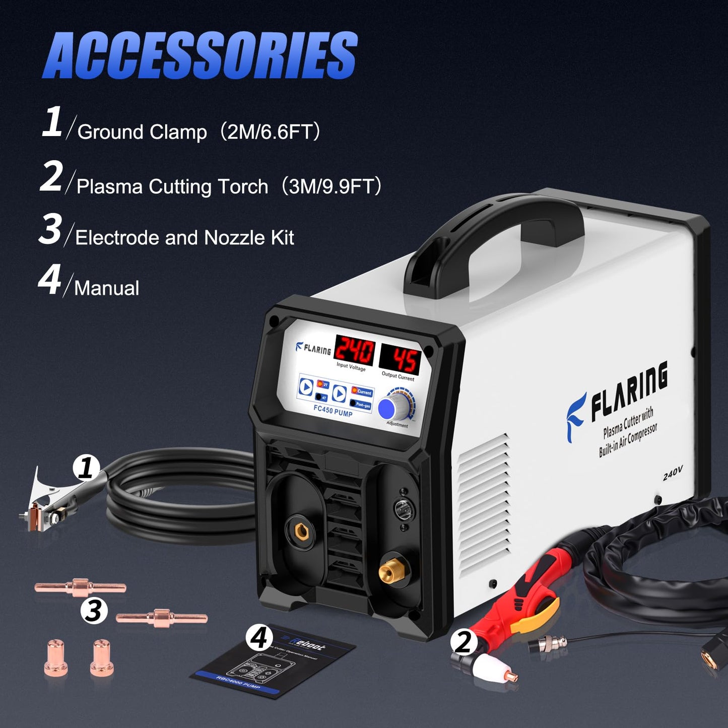 FLARING 240V Plasma Cutter With Built In Air Compressor 45A IGBT Inverter Digital Plasma Cutting Machine, 3/8 Inch Clean Cut And 5/8 Inch Max Cut High Frequency (No External Compressor Needed)
