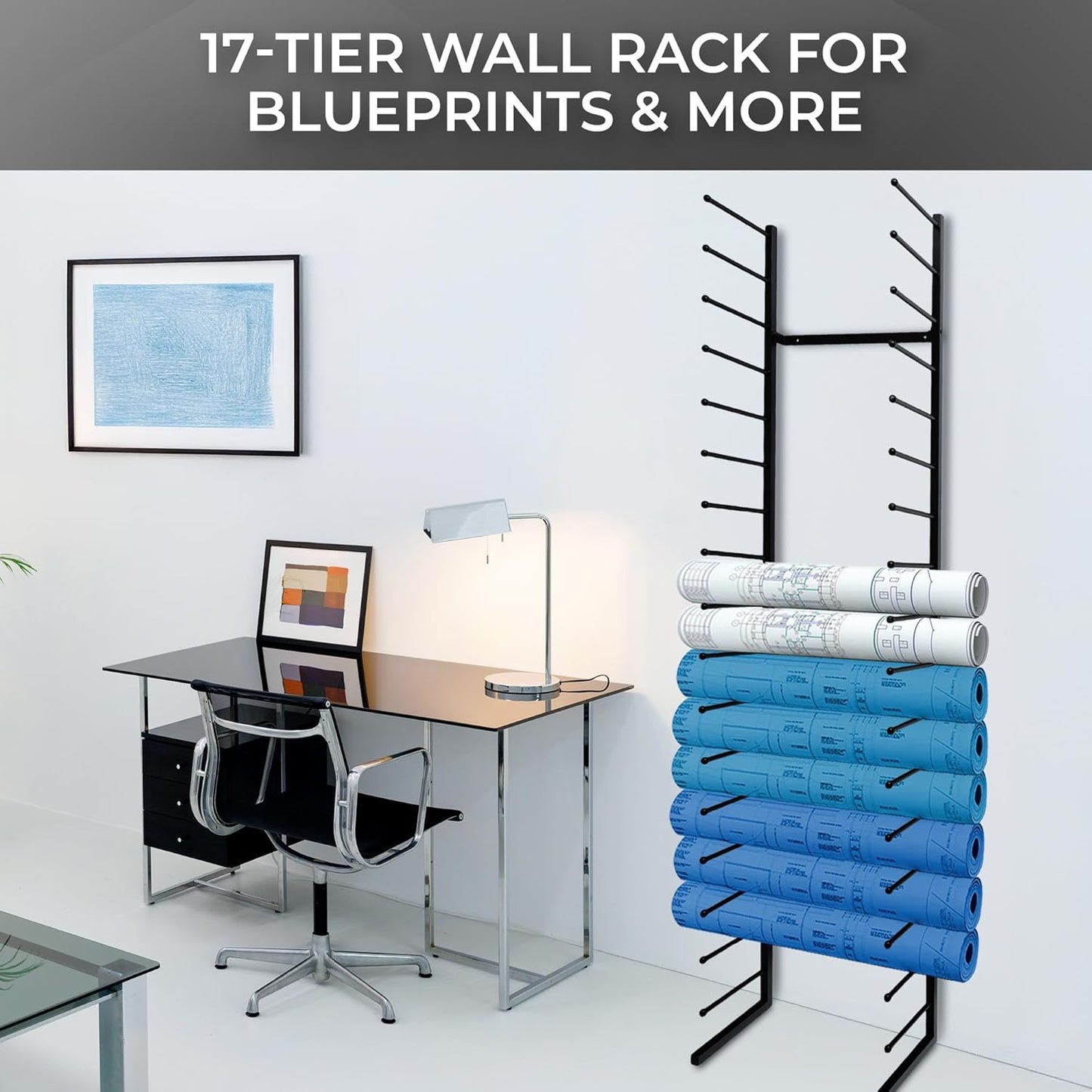 Skiennix Wall Mount Blueprint Holder - 34 Slot Storage Organizer for Posters & Maps | 17 Tiers, Durable Design