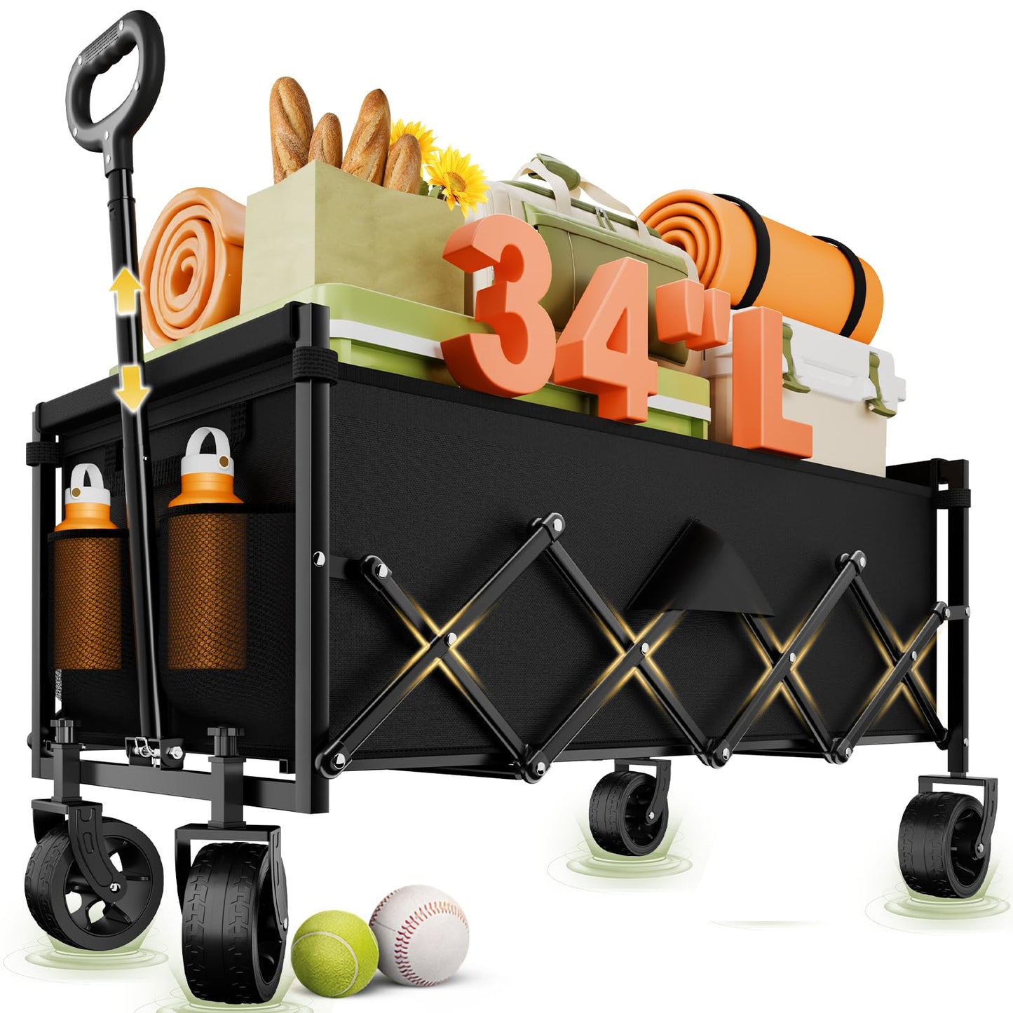 InBrave Extra Long Collapsible Wagon Cart, 480LBS Heavy Duty Utility Wagons with All-Terrain Wheels, Foldable Grocery Carts for Gardening, Shopping, Beach, Camping, Black