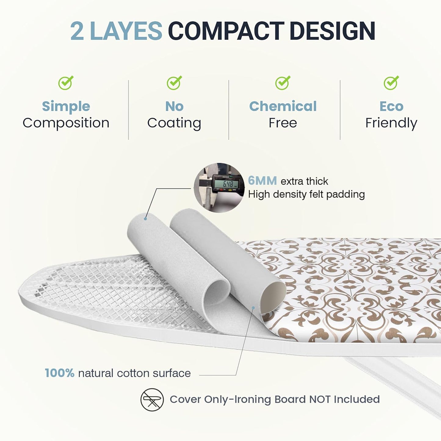 UniSimp Ironing Board Cover - Extra Thick Natural Cotton, Scorch & Stain Resistant | 18"x54" Foliage Design