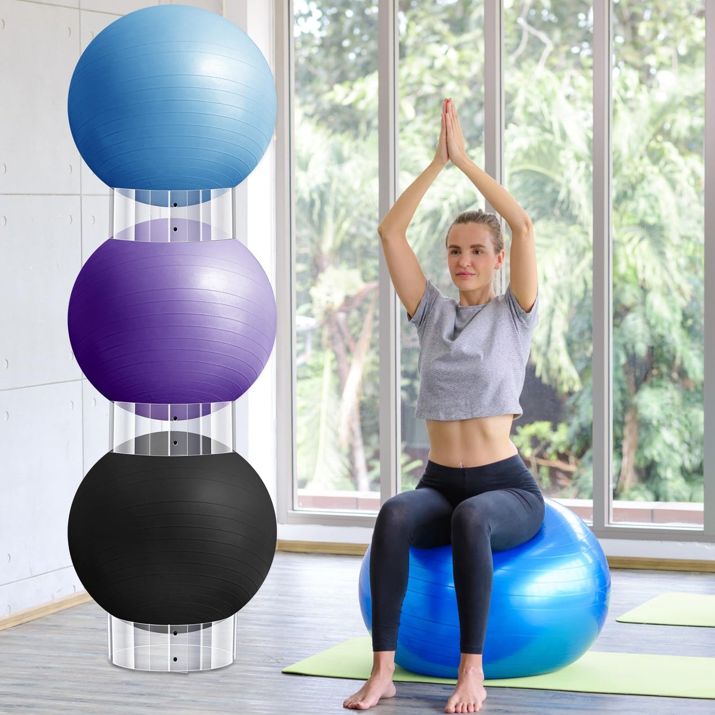 Wenqik 3 Pcs Exercise Ball Stand Holder 14.5 Inch Plastic Yoga Ball Base Stability Fitness Display Stand Medicine Therapy Carrier Storage Stackers(Clear)