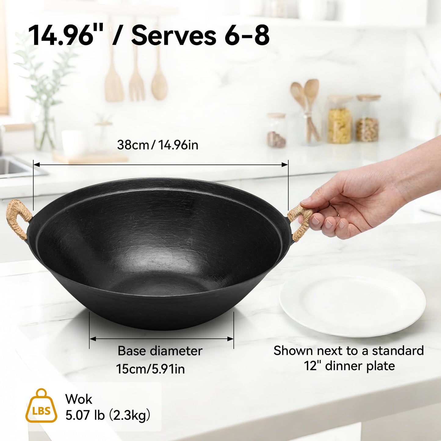 WANGYUANJI Cast Iron Wok Pan 14.9 inch Large SUGUO Wok Stir Fry Pan Flat Bottom with Dual Handle and Wooden Lid, Suitable for All Cooktops, Uncoated Chinese Traditional Wok