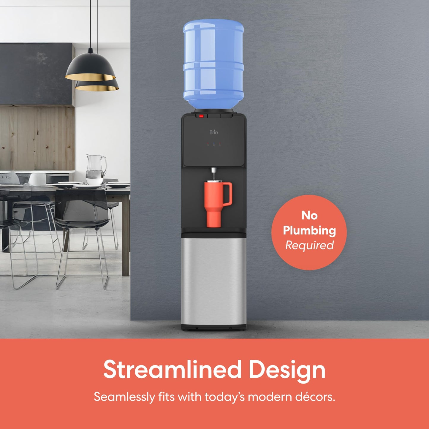 Brio 130 Series Top-Load Water Cooler Dispenser for 3- and 5-Gallon Bottles, Hot & Cold, Spill-Free Loading, Child Safety Lock, Energy Star 3.0, Black & Stainless