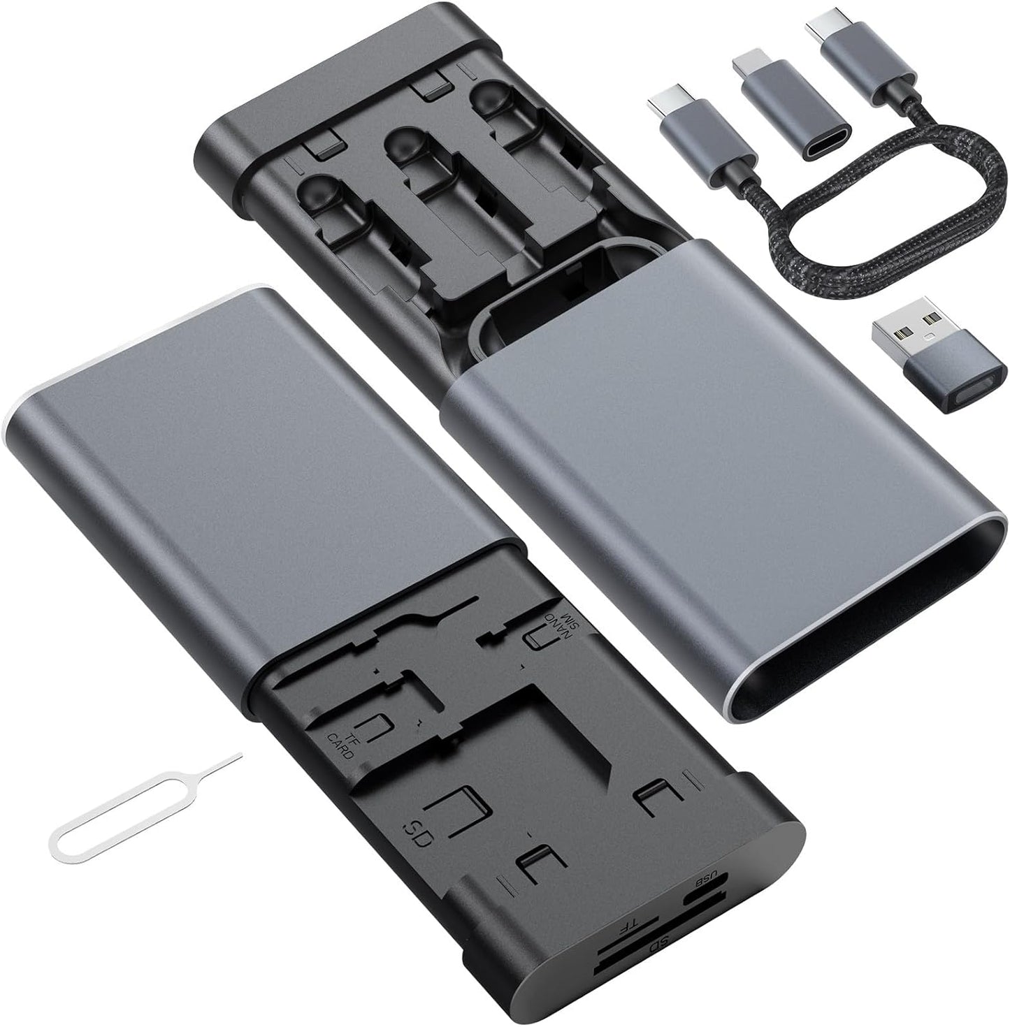 Doumsic 65W USB-C Card Reader & Storage Case, Multi-Format Memory Card Organizer with OTG Adapter, Fast Charging, SIM