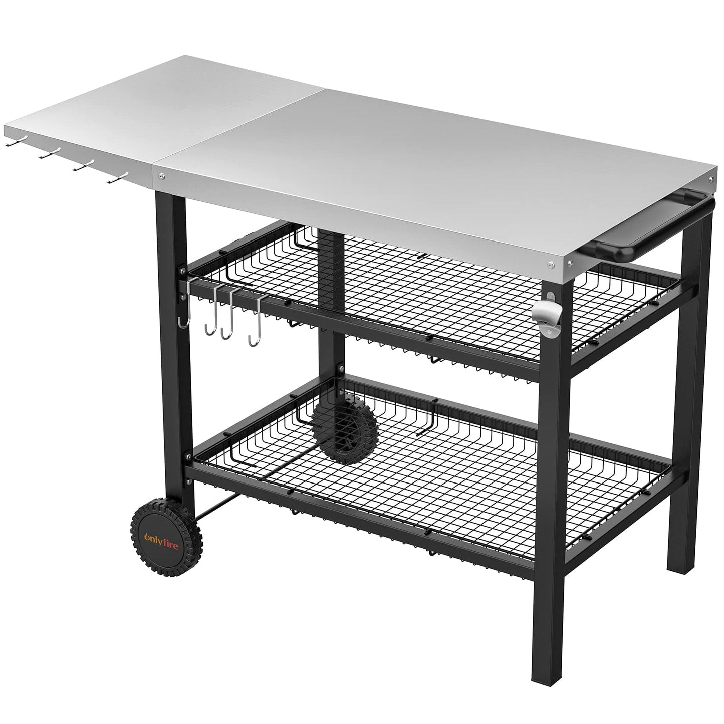 onlyfire Pizza Oven Table Cart for Ooni, Ninja Woodfire, Blackstone Griddle, Cuisinart Pizza Oven, Outdoor Stainless Steel Food Prep Table Movable Food Prep Cart Grill Stand with Storage Basket